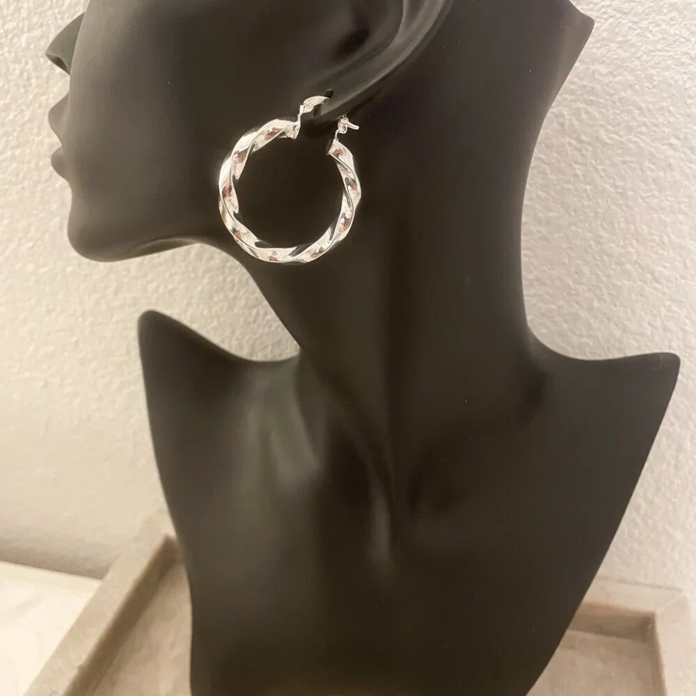 925 Sterling Silver Chunky Hoop Earrings Small Hoops Twist Spiral Hoop Earrings - Picture 5 of 6